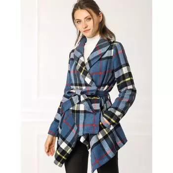 Женское пальто с отложным воротником, асимметричным краем, в клетку, тонкое пальто с запахом ALLEGRA K, черный