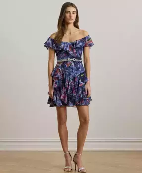 Женское печатное коктейльное платье с открытыми плечами Lauren Ralph Lauren, синий