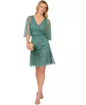 Женское платье А-силуэта с рукавами-крылышками и бисером Adrianna Papell, зеленый