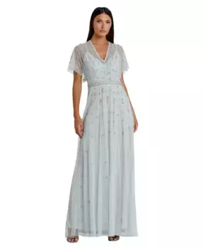 Женское платье А-силуэта с V-образным вырезом, декорированное и с расклешенными рукавами Mac Duggal, зеленый