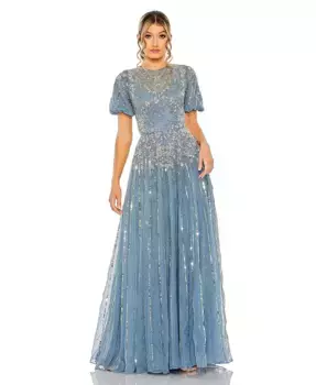 Женское платье А-силуэта с высоким воротником, пышными рукавами и декоративными элементами Mac Duggal, синий