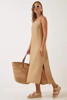 Женское платье Airobin с разрезом на бретелях печенья Happiness stanbul, коричневый