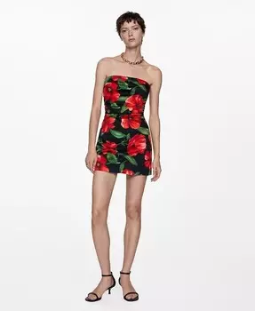 Женское платье без бретелек с цветочным принтом MANGO, черный