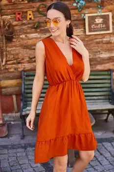 Женское ПЛАТЬЕ БЕЗ РУКАВОВ С ДВУБОРТНЫМ ВОРОТНИКОМ TILONE И ЭЛАСТИЧНОЙ ПОЯСОЙ armonika, оранжевый