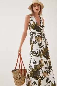 Женское платье без рукавов кремового цвета хаки с цветочным узором и воротником-стойкой Happiness stanbul, бежевый