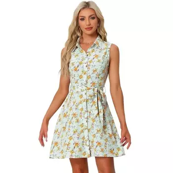 Женское платье без рукавов с отложным воротником выше колена и пуговицами с цветочным принтом ALLEGRA K, цвет Light Blue