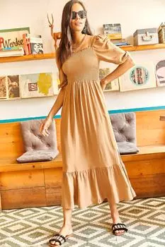 Женское платье Bodrum из норки с позументом и квадратным воротником Olalook, бежевый