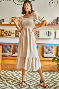 Женское платье Bodrum с каменным верхом и квадратным воротником Olalook, бежевый