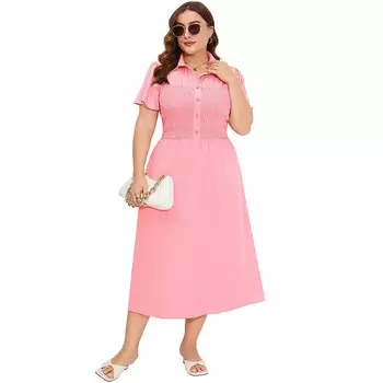 Женское платье больших размеров, летнее платье миди на пуговицах со сборками, сарафан с короткими рукавами MISSKY, розовый