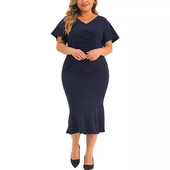 Женское платье больших размеров с запахом и V-образным вырезом с оборками и короткими рукавами, коктейльные платья, вечерние Agnes Orinda, цвет Navy Blue