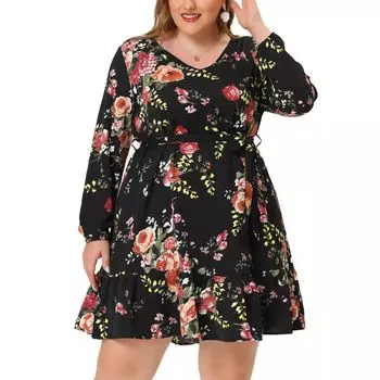 Женское платье больших размеров с цветочным принтом и V-образным вырезом, длинными рукавами и завязкой на талии Agnes Orinda