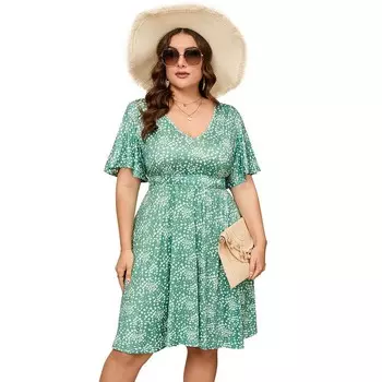 Женское платье больших размеров в стиле бохо с цветочным принтом и V-образным вырезом, с рюшами и короткими рукавами, эластичное платье трапециевидной формы с высокой талией Kojooin, зеленый