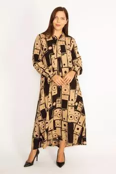 Женское платье большого размера из вискозной ткани из норки с воротником-шарфом и завязкой с длинными рукавами 65n34615 ans, коричневый