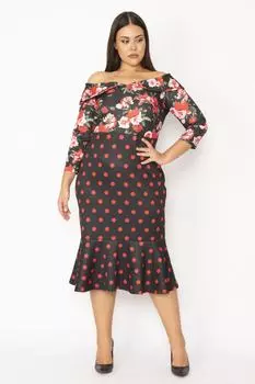 Женское платье большого размера с черным воротником и детальным рукавом-капри с оборкой по подолу ans, разноцветный