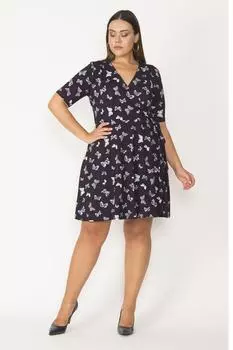 Женское платье большого размера с закрытым запахом и поясом, темно-синее с узором бабочки 65n28999 ans, темно-синий