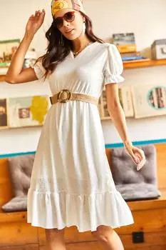 Женское платье цвета экрю с v-образным вырезом на подкладке Olalook