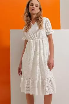 Женское платье цвета экрю с v-образным вырезом и арбузными рукавами на кружевной подкладке ALC-X8289 Trend Alaat Stili