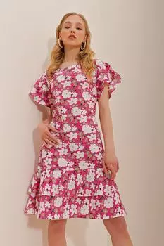 Женское платье цвета фуксии из поплина с круглым вырезом и воланами на талии, с поясом и узором Trend Alaat Stili, розовый