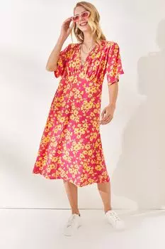 Женское платье цвета фуксии из вискозной ткани с детальным узором Olalook, розовый