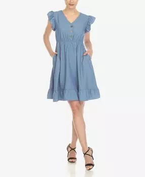 Женское платье длиной до колена с рюшами и рукавами White Mark, синий