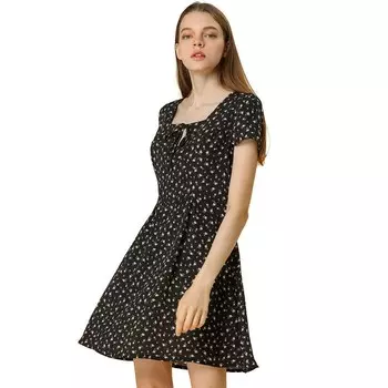 Женское платье для выпускного вечера трапециевидной формы с квадратным вырезом и коротким рукавом с цветочным принтом ALLEGRA K, цвет Black Floral