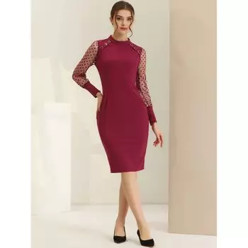 Женское платье-футляр миди с длинным рукавом и пуговицами в горошек и воротником-стойкой ALLEGRA K