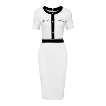 Женское платье-футляр с коротким рукавом контрастного цвета Элегантные платья-карандаш Hombety, белый