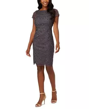 Женское платье-футляр с короткими рукавами, расшитое бисером Adrianna Papell, серебро