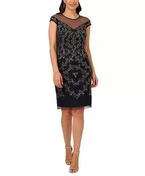 Женское платье-футляр с круглым вырезом и украшением Papell Studio, синий