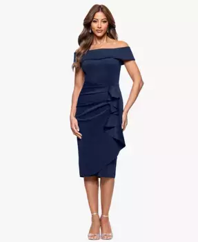 Женское платье-футляр с рюшами и открытыми плечами XSCAPE, синий