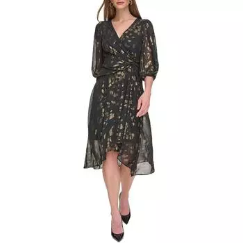 Женское платье-халат Petites Metallic длиной до колена DKNY, цвет black gold