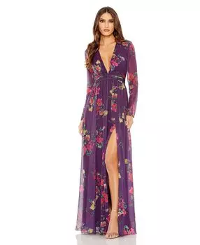 Женское платье Ieena со сборками и длинными рукавами и глубоким V-образным вырезом MAC DUGGAL