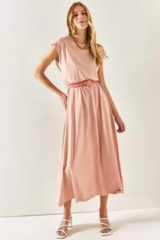 Женское платье из чесаного хлопка с эластичной резинкой на талии светло-коричневого цвета Olalook, коричневый