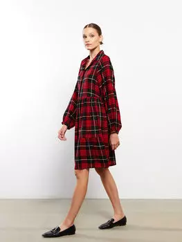 Женское платье из габардина в клетку с воротником-стойкой и длинными рукавами LCWAIKIKI Classic