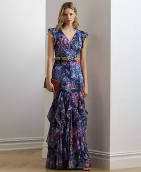 Женское платье из креп-жоржета с принтом и оборками Lauren Ralph Lauren, синий