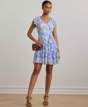 Женское платье из креп-жоржета с цветочным принтом и ярусами Lauren Ralph Lauren, синий