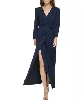 Женское платье из крепа с разрезом спереди и длинными рукавами DKNY, синий