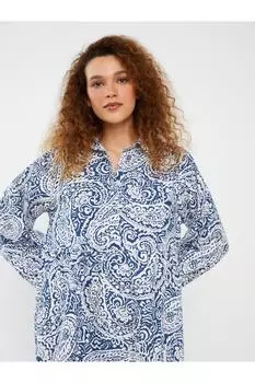 Женское платье из поплина с длинным рукавом с рубашечным воротником и рисунком LC Waikiki, синий