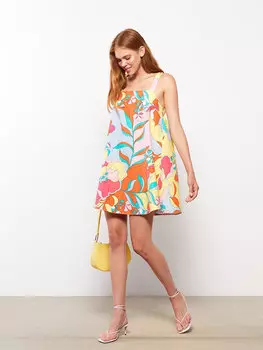 Женское платье из поплина с квадратным воротником и цветочным ремнем LCW Casual