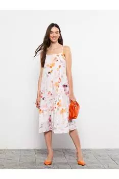 Женское платье из поплина с квадратным воротником и бретелями LC Waikiki, экрю