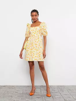Женское платье из поплина с квадратным воротником и цветочным принтом и воздушными рукавами LCW Casual, оранжевый принт