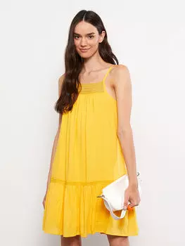 Женское платье из поплина с квадратным воротником и вышивкой на бретелях LCW Casual