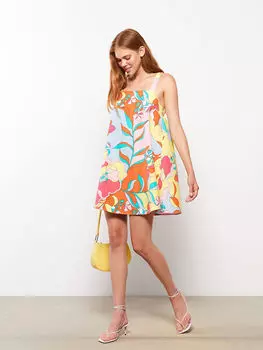 Женское платье из поплина с квадратным вырезом и цветочным принтом LCW Casual