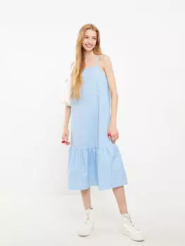 Женское платье из поплина с квадратным вырезом и полосками на бретелях LCW Casual