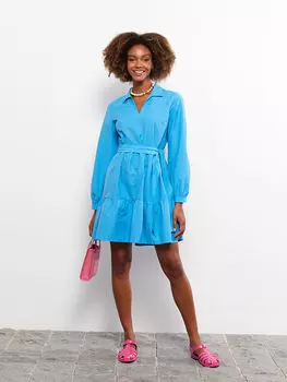 Женское платье из поплина с прямым воротником и длинными рукавами LCW Casual