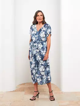 Женское платье из поплина с V-образным вырезом и цветочным принтом с короткими рукавами LCW Grace