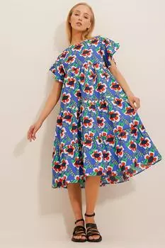 Женское платье из поплина Saks кораллового цвета с круглым вырезом и воланами с цветочным узором Trend Alaat Stili, разноцветный