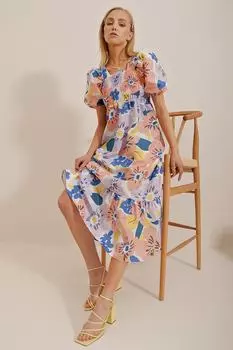 Женское платье из поплина сиреневого цвета с рукавами арбуза и цветочным узором, блестками спереди и сзади и воланом по краю ALC-X8478 Trend Alaat Stili, фиолетовый