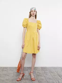 Женское платье из поплина трапециевидной формы с квадратным вырезом и прямыми рукавами-фонариками LCW Casual