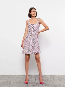 Женское платье из поплина трапециевидной формы с воротником-стойкой и цветочным принтом LCW Casual